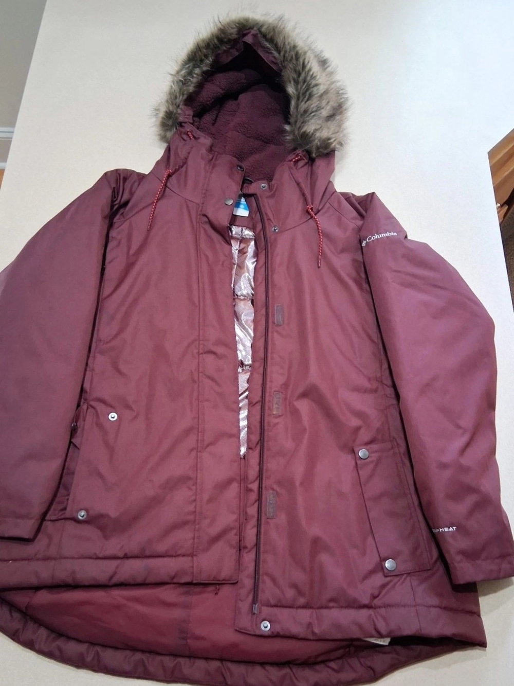 Columbia Women's Burgundy Hooded Insulated Parka with Faux Fur Trim Size 1X